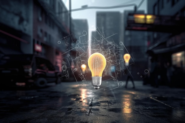 Idea concept with light bulb on abstract city background
