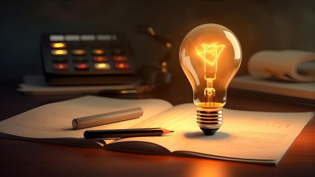 Photo idea concept with light bulb and notebook ai generative