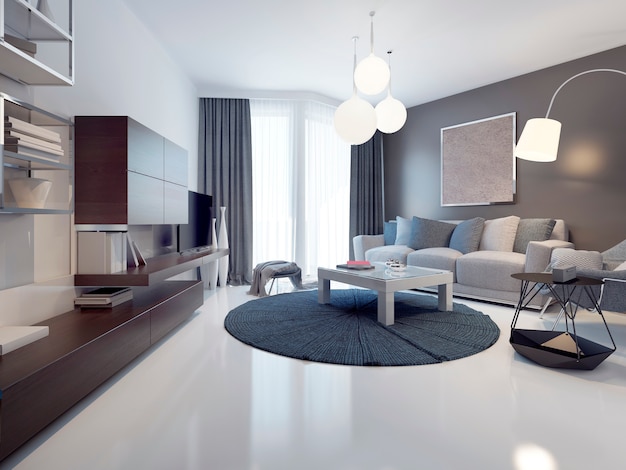 Idea of contemporary living room and grey walls with polished and varnish white concrete flooring. Floor-to-ceiling panoramic windows. 3D render