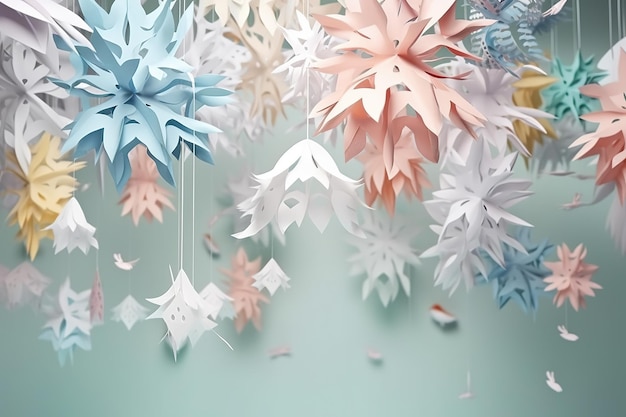 Idea craft decorations Colorful paper origami snowflakes for winter background Ai generative