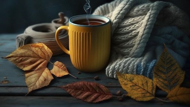 The idea of fall A wooden table with a cup of tea a cozy blanket and a few golden leaves