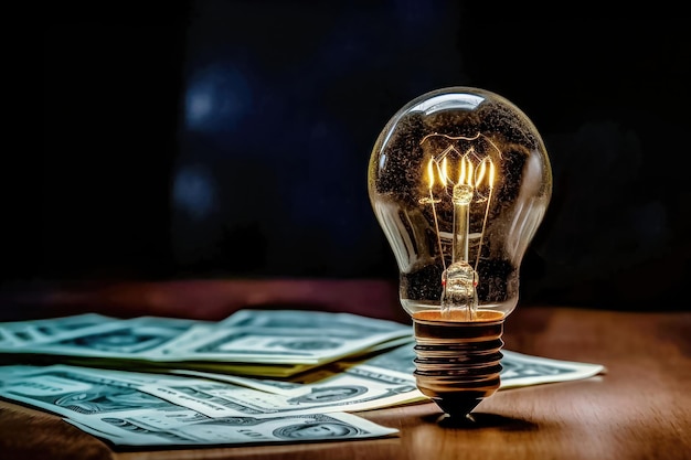 Idea and Finance Illuminated Light Bulb on Money Banknotes Generative AI