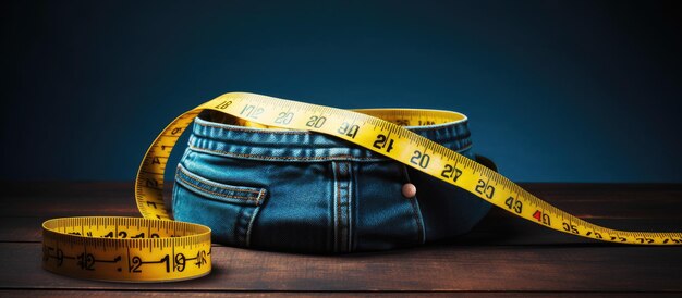 The idea of a healthy lifestyle and diet is represented by blue jeans with a yellow measuring