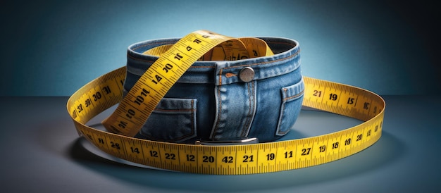 The idea of a healthy lifestyle and diet is represented by blue jeans with a yellow measuring