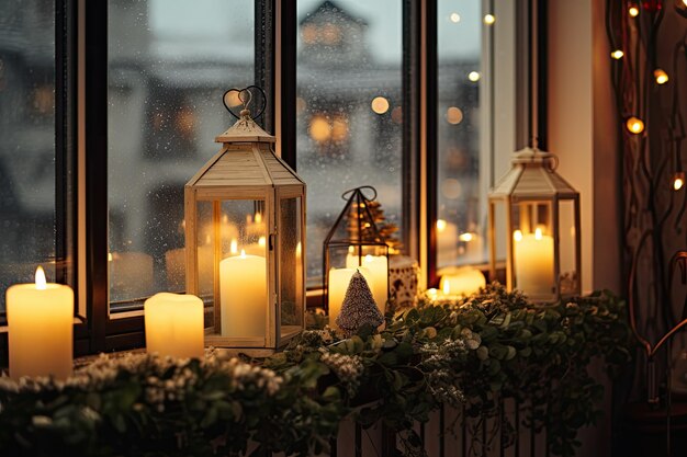 The idea of hygge decoration and the Christmas concept is brought to life through the use of burning