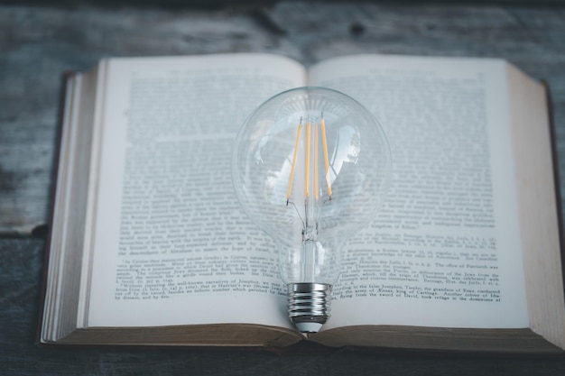 Idea knowledge and education Open book with light bulb