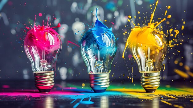 Idea light bulbs with colorful splashes Concept of creativity innovation and inspiration