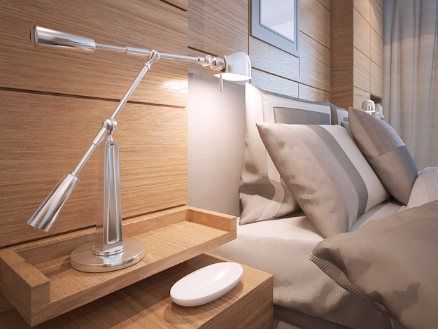 Idea of loft bedroom bedside shelves with lamp in room with brown paneled walls 