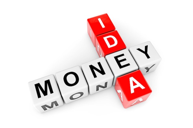 お金の概念へのアイデア。白い背景の上のアイデアとお金のクロスワードキューブ