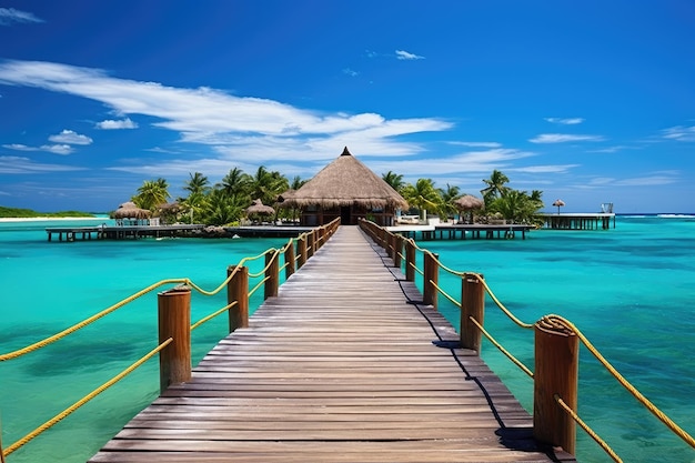 The idea of paradise vacation and tourism is represented by a tropical resort and a pier located in