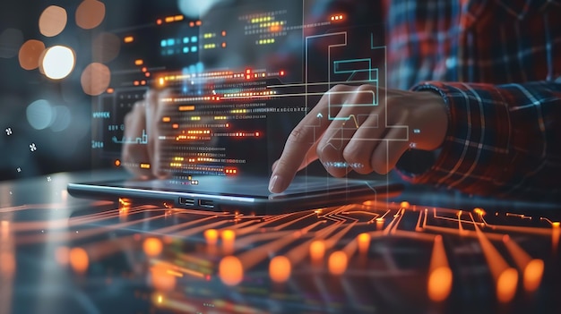 在數碼技術中軟件開發的想法 軟件工程師和編碼程序員使用有JavaScript的數碼平板電腦 Generative AI