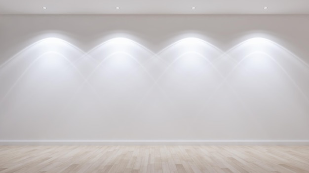 白い空のスカンジナビアの部屋のインテリアイラストのアイデア木製の床と大きな壁と白い背景のインテリアホームノルディックで3Dレンダリング