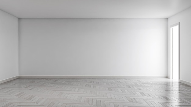 Идея белой пустой скандинавской иллюстрации интерьера комнаты 3D-рендеринг с деревянным полом и большой стеной и белым