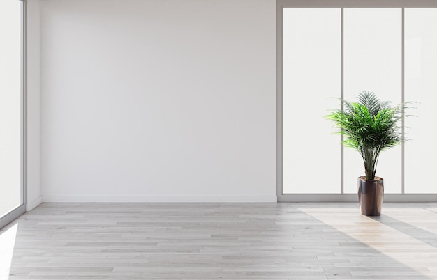 Idea di un'illustrazione interna della stanza scandinava vuota bianca rendering 3d con pavimento in legno e grande parete e bianco