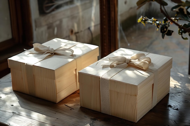 写真 idea wooden boxes for a delivery table with gift wrap generative ai