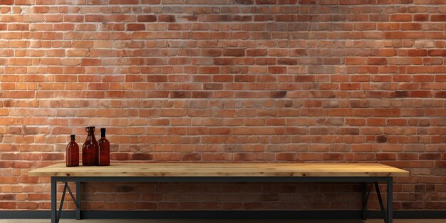 Photo ideal for showcasing products with unfurnished table and backdrop of brick wall