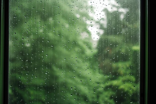 Ideale achtergrond van regendruppels op het raam met een groene achtergrond, perfect om regenachtige dagen weer te geven Generatieve AI