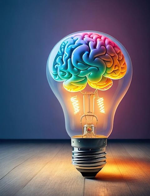 Ideas concept brain inside the light bulb on colorful background