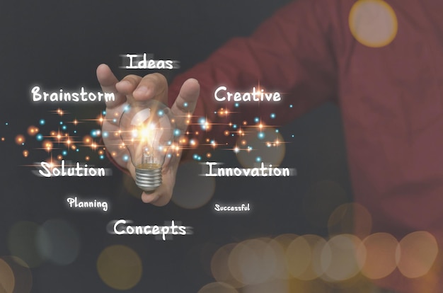 Photo ideas creative innovation solution brainstorm planning concept businessman holding a lightbulb glowing with wording solutions problems for create new ideas creative and new idea concept