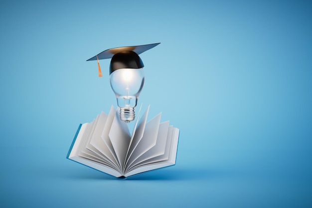 Ideas for higher education an open book and a light bulb in the master's cap 3D render