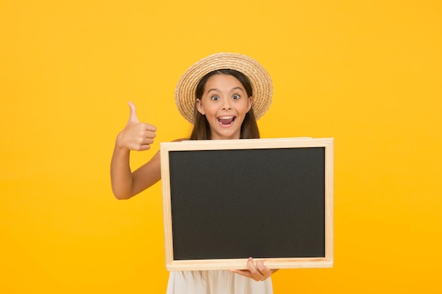 Ideas for leisure Summer travel Do not forget shop this items for vacation Girl hold chalkboard copy space Useful information Summer clubs for kids Child in straw hat informing summer events