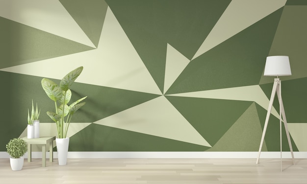 Idee di vivere la stanza verde geometrica wall art paint full color sul pavimento di legno. rendering 3d