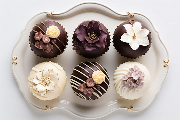 Photo ideas for photo studio sample photo of cupcakes muffins decorated with edible flowers violets roses and daisies on a marble table top view