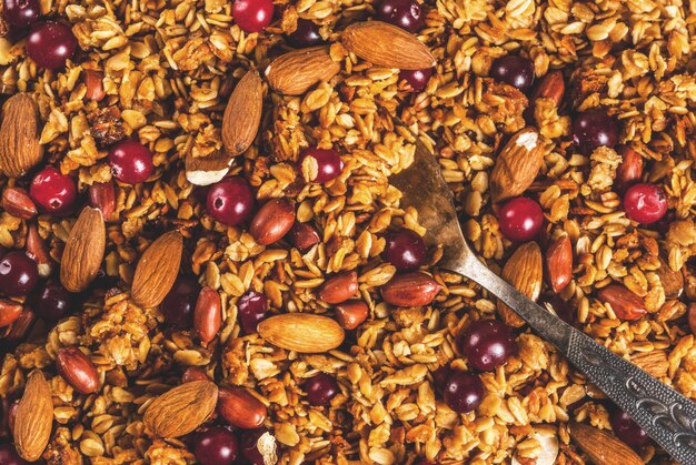 Ideas for a winter, autumn breakfast. Thanksgiving, . Homemade fresh cooked honey granola with nutsalmonds, peanuts, hazelnuts and cranberries. On gray concrete table,  top view