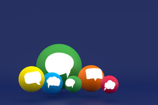 Foto idee commentaar of denk reacties emoji 3d render, sociale media ballonsymbool met commentaar pictogrammen patroon achtergrond
