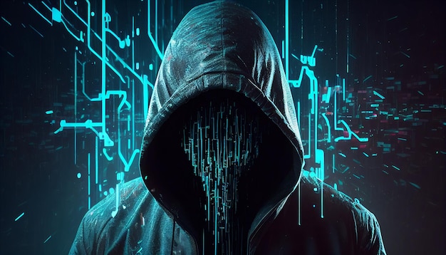 Idee van een hightech hacker die een stockfoto oplicht voor generatieve AI voor bewustwording van cybercriminaliteit