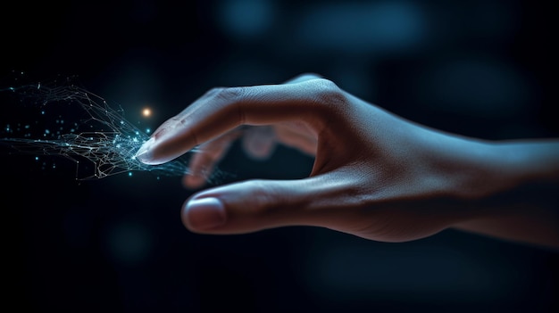 Idee voor digitale transformatie Generatieve AI en een menselijke hand die contact maakt met een digitale hand