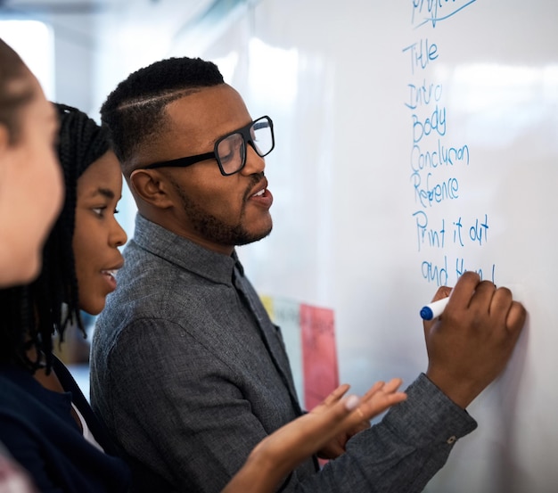 Ideeën voor het project opschrijven Shot van een groep studenten die aan het brainstormen zijn op een whiteboard in de klas