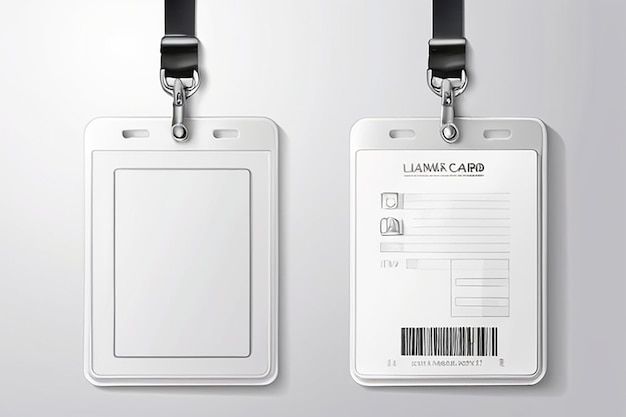 Identification white blank plastic id cards set with clasp and lanyards isolated vector illustration