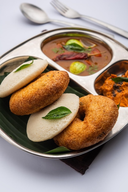 Idli vada with sambar pr sambhar also called medu wada rice cake