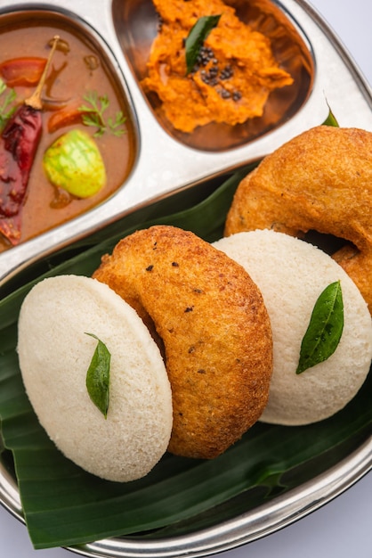 Idli vada with sambar pr sambhar also called medu wada rice cake