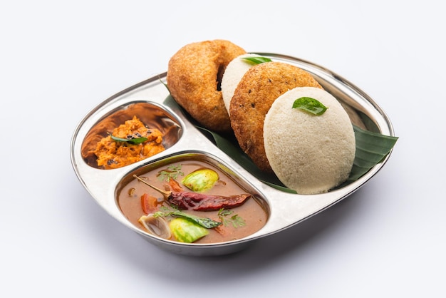 Idli vada with sambar pr sambhar also called medu wada rice cake