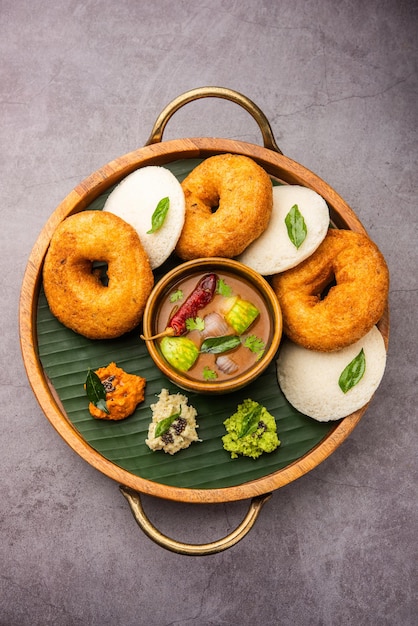 Idli vada with sambar pr sambhar also called medu wada rice cake