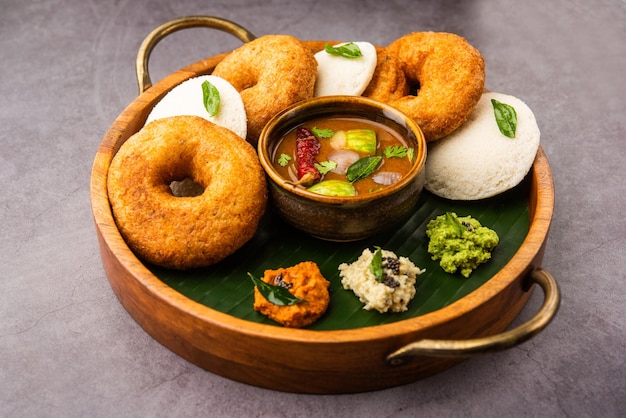 Idli vada with sambar pr sambhar also called medu wada rice cake