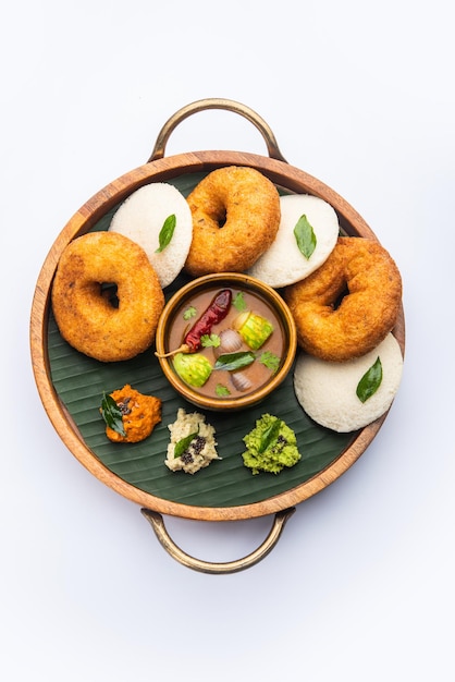 Idli vada with sambar pr sambhar also called medu wada rice cake