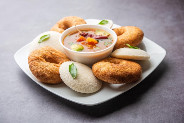 Idli vada with sambar pr sambhar also called medu wada rice cake