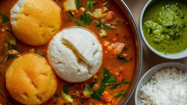 Photo idli vada with sambar pr sambhar also called medu wada rice cake