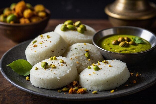 Photo idli with a side of pistachio chutney