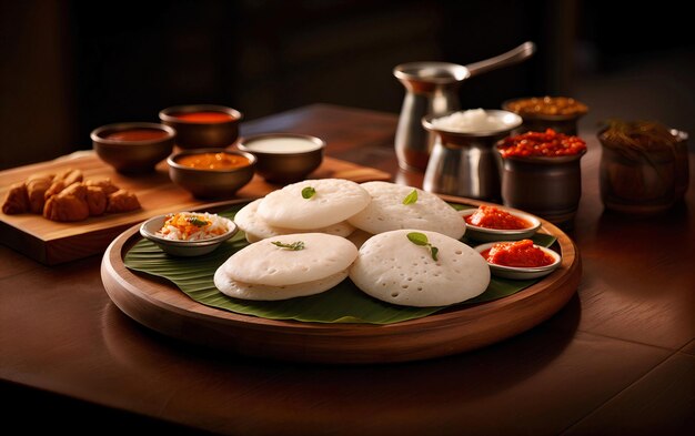 イドリー (Idli) は南インド人の主な朝食で木製の皿に麗に並べられています