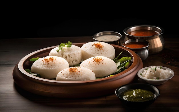 Idly or idli South Indian main breakfast item beautifully arranged on a wooden plate