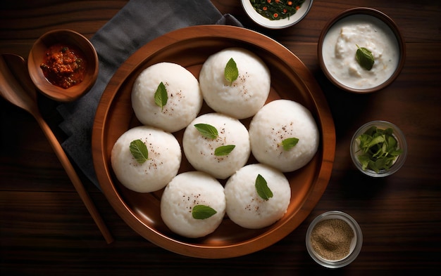 イドリー (Idli) は南インド人の主な朝食で木製の皿に麗に並べられています