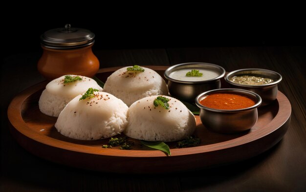 Idly of idli Zuid-Indiase hoofdontbijt mooi gerangschikt op een houten bord