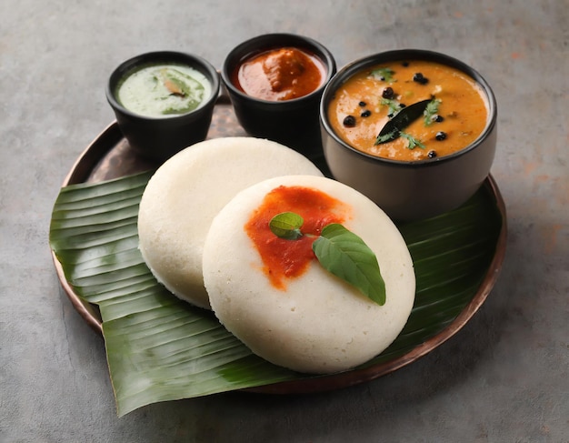 Premium Photo | Idly sambar or idli with sambhar and green red chutney ...