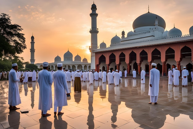 Photo idul adha morning ritual serene mosque courtyard worshippers in traditional attire and the scent