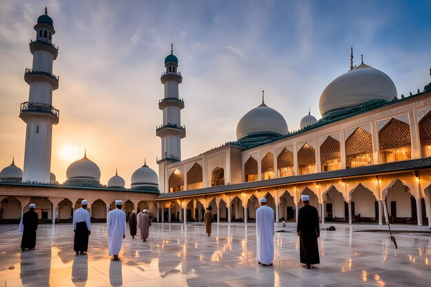 Idul Adha Morning Ritual Serene Mosque Courtyard Worshippers in Traditional Attire