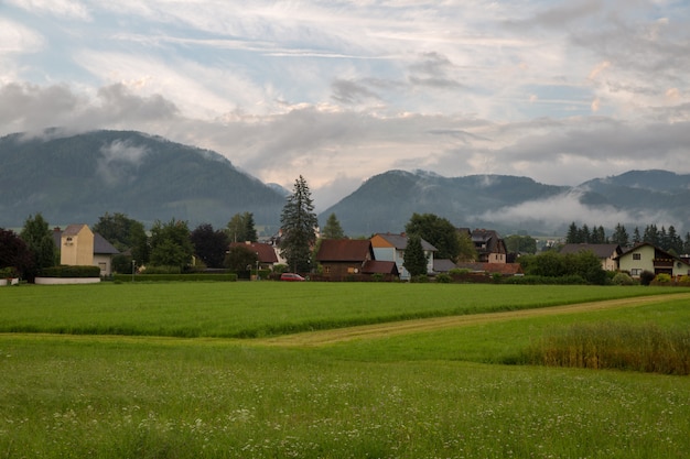 Photo idyllic alpine landscape with fresh green meadows, blooming flowers, typical farmhouses and snowcapped mountains in golden evening light at sunset, nationalpark berchtesgadener land, bavaria, germany